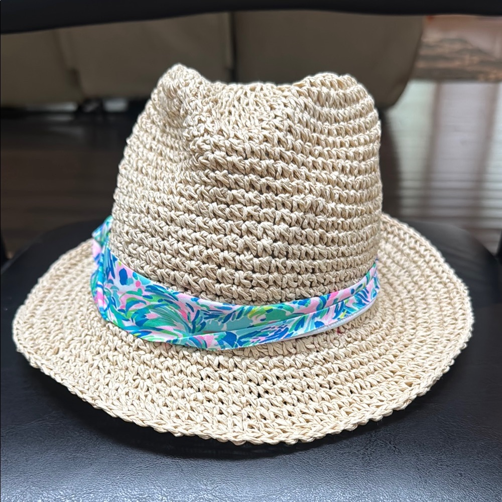 NWOT Lilly Pulitzer Tan and Blue Fedora Hat with Tropical Band